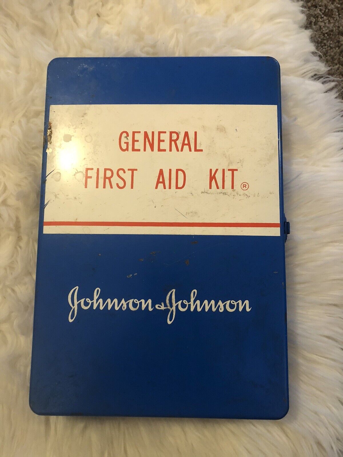 VTG Johnson and Johnson General First Aid Kit, Wall Mount Blue w/Contents, 1970s