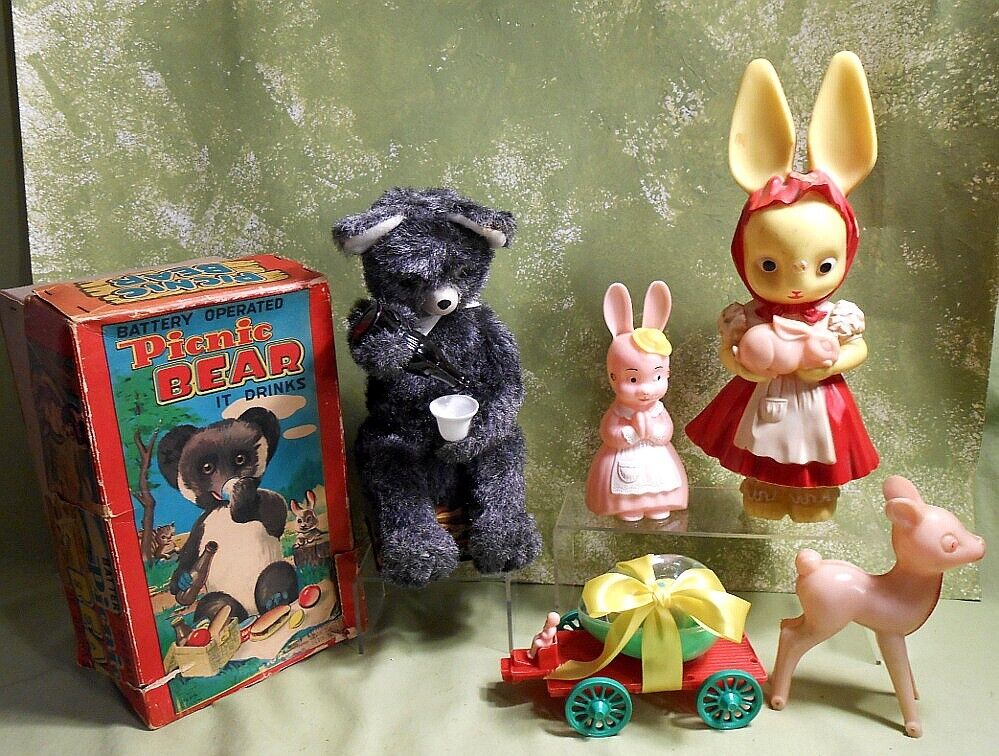 LOT of Vintage 1950's Toys - Easter Hard Plastic and Japan Battery Opp Bear