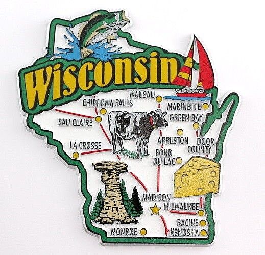WISCONSIN STATE MAP AND LANDMARKS COLLAGE FRIDGE COLLECTIBLE SOUVENIR MAGNET
