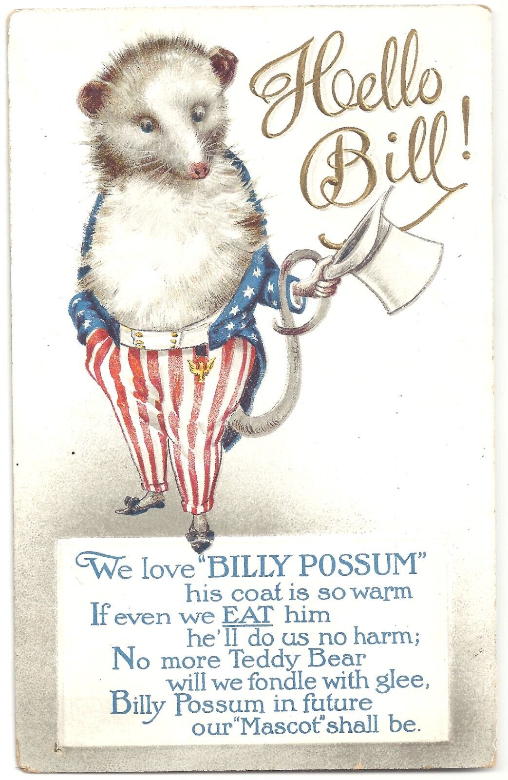 We Love Billy Possum Dressed as Uncle Sam US Flag Poem Postcard ~ William Taft