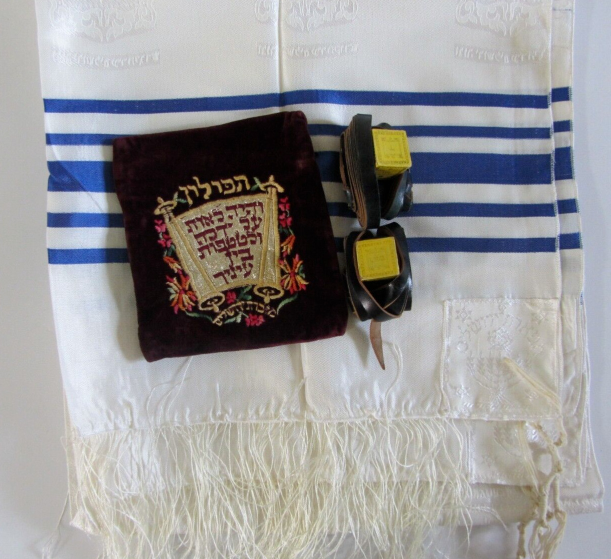 Vintage Leather Tefillin Silk Tallit & Embroidered Velvet Pouch Handmade ISRAEL