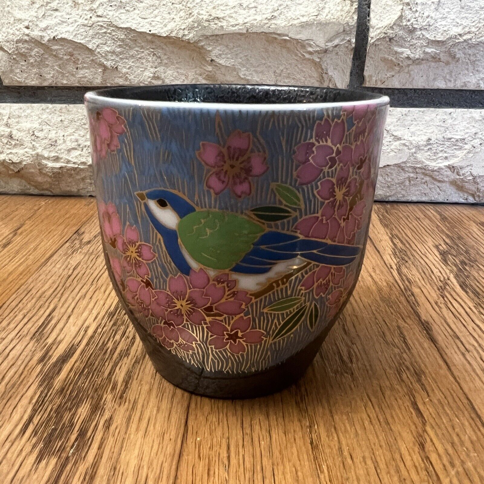 Kutani Yaki Ware Pottery Tea Cup Sunny Cherry Blossom Bird Made in Japan Boxed