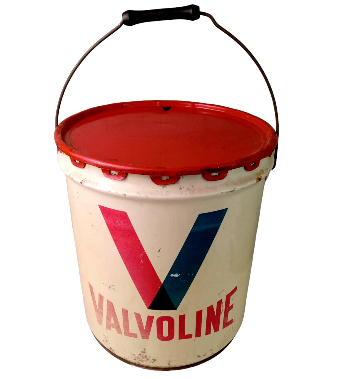 Vintage VALVOLINE 35 Lb. Oil Grease Metal Can Tin 5 Gallon Bucket Pail Red Lid