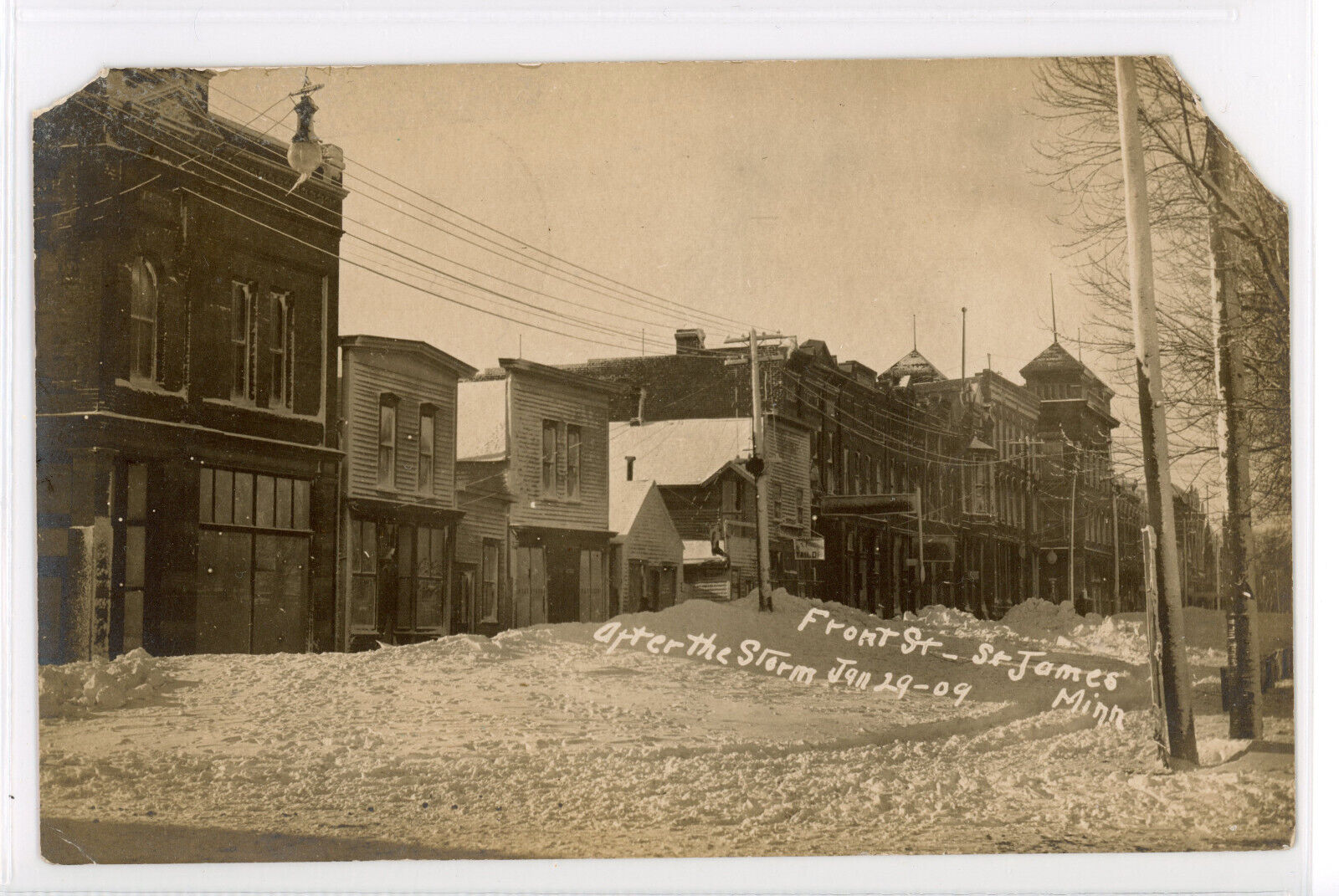 Snowstorm, Front Street, Saint St. James, MN 1/29/1909 RPPC Real Photo Postcard