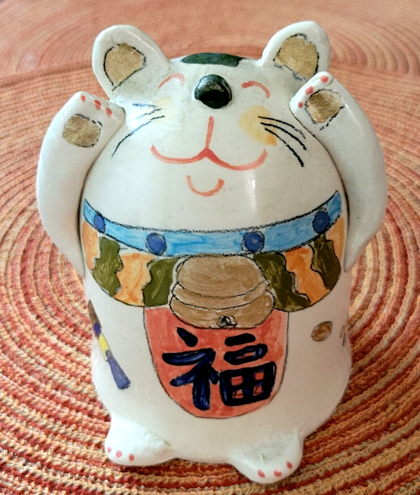 Cat Maneki Neko Japanese Lucky Beckoning Good Luck Handpainted Kitten Porcelain