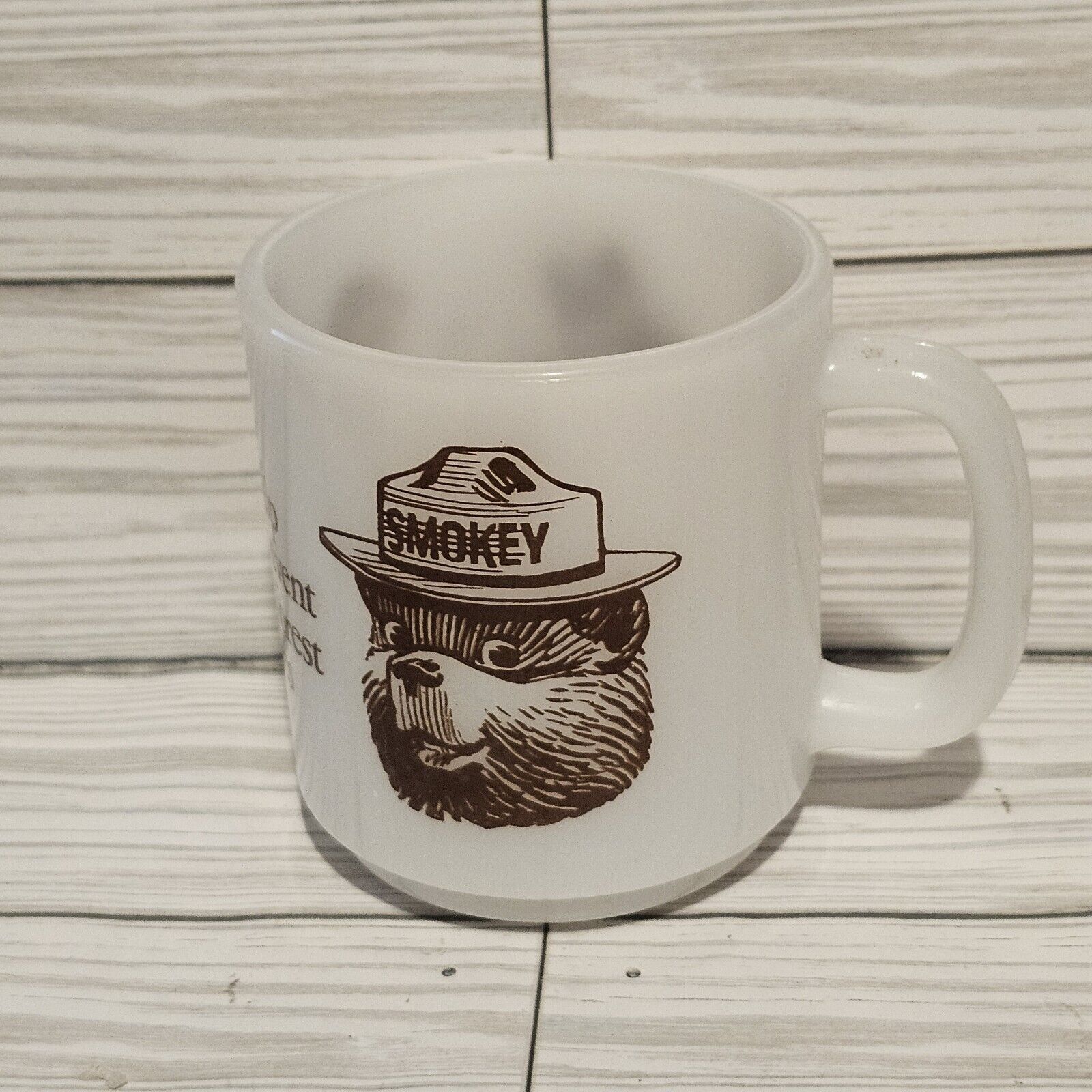 Vintage Glasbake Smokey the Bear Milk Glass Mug Cup Help Prevent Forest Fires