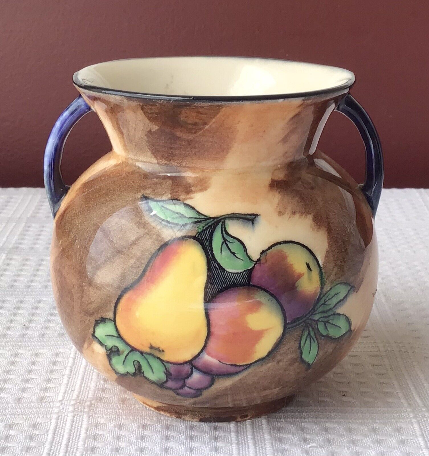 Small Vintage H & K Tunstall Ceramic Vase with Fruit Design, England, 3 1/2”T