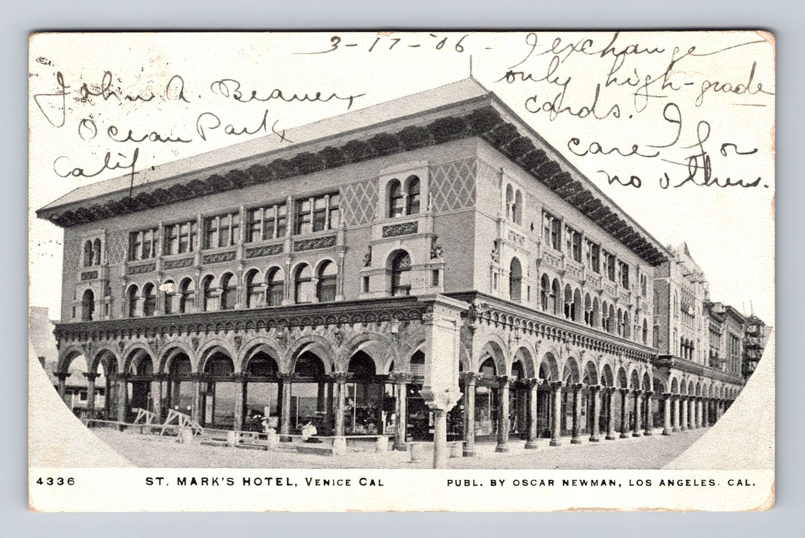 Venice CA-California, St. Mark's Hotel, Antique Souvenir, Vintage c1906 Postcard