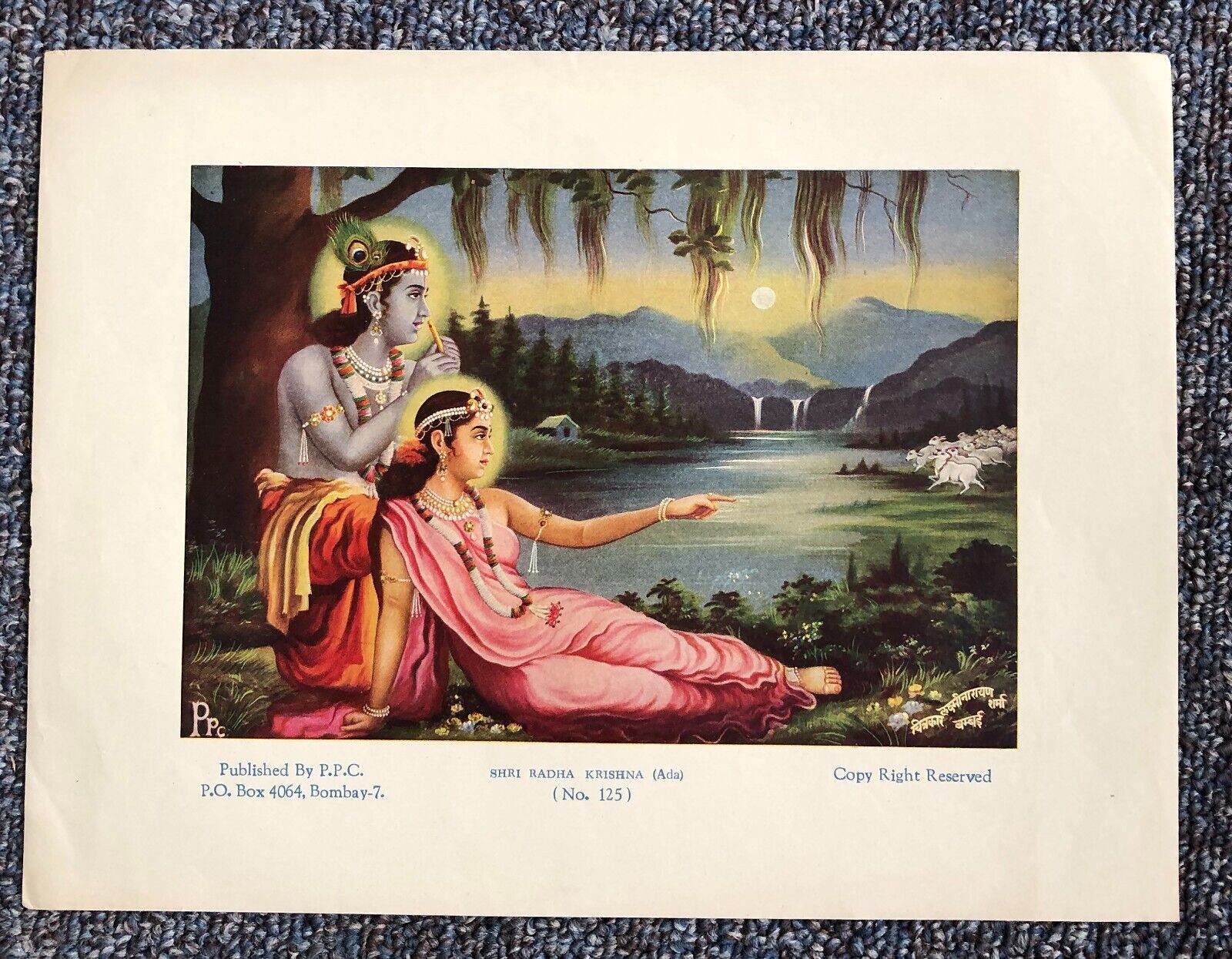 (1101) Rare Antique Hindu Art Print from India, c. 1940s: Lord Krishna & Radha