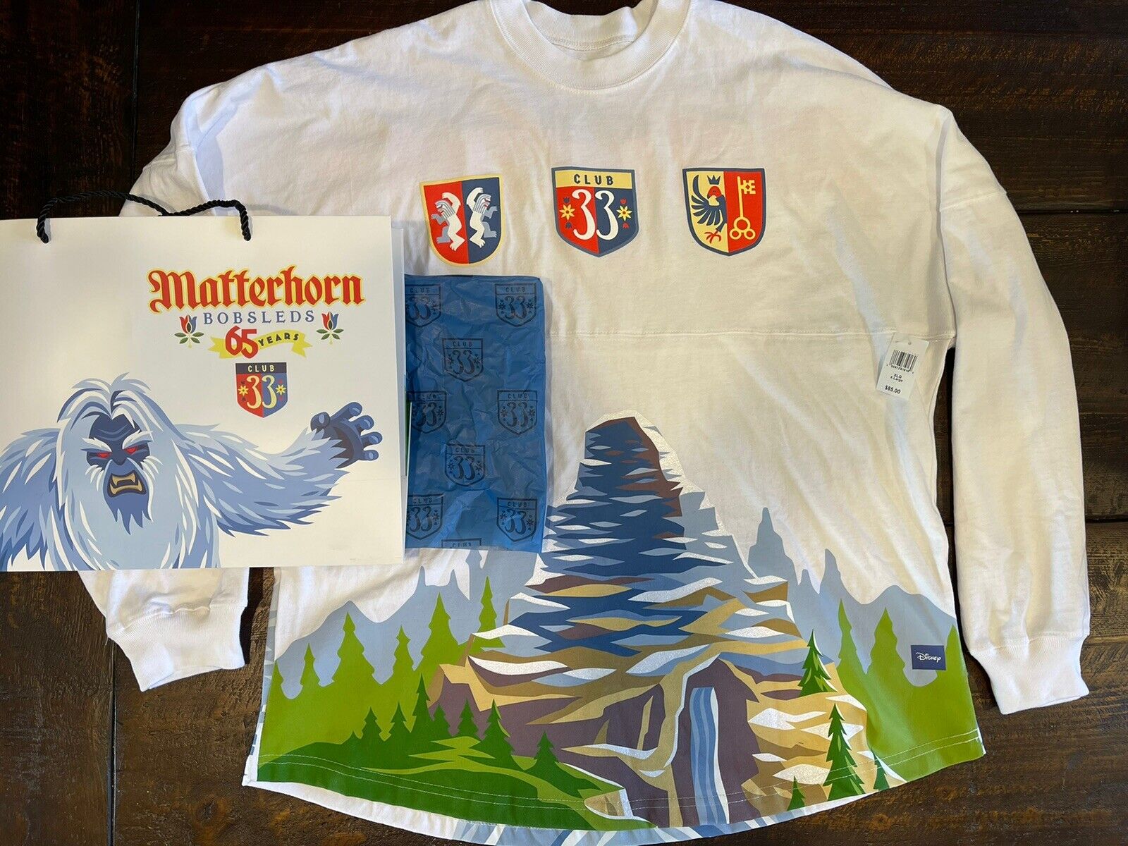 CLUB 33 Disneyland Spirit Jersey Matterhorn 65th Anniversary XL NWT Bag Tissue