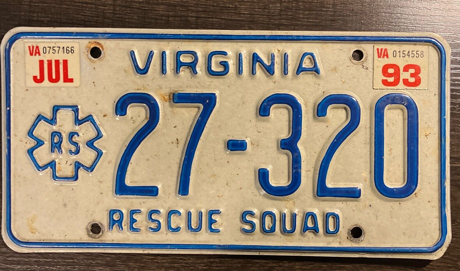 Virginia Issue DMV Personalized Vanity License Plate Rescue Squad RS Bar Sign 93