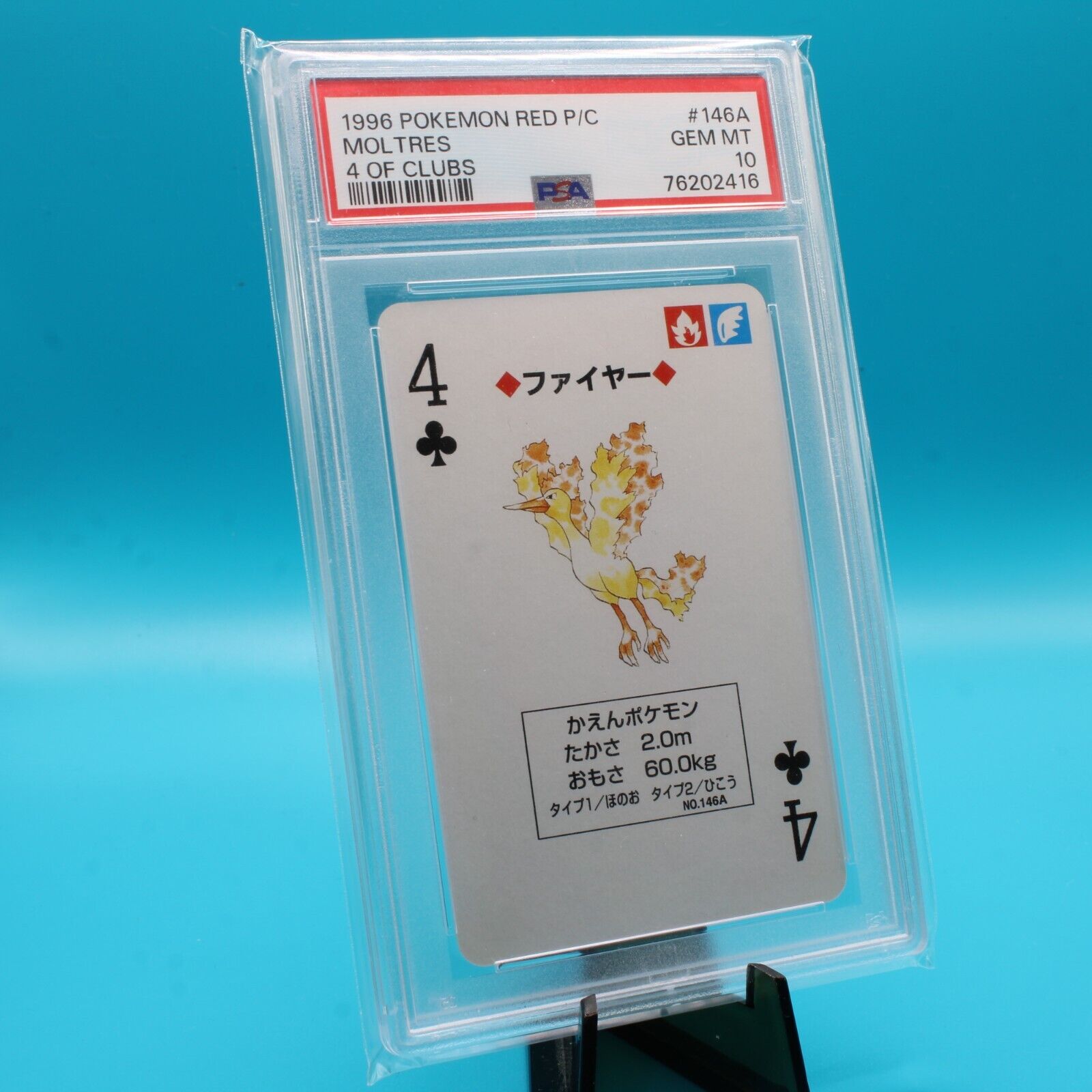 1996 Pokemon PSA 10 Moltres #146A 4 Of Clubs Red Playing Card Poker Japanese