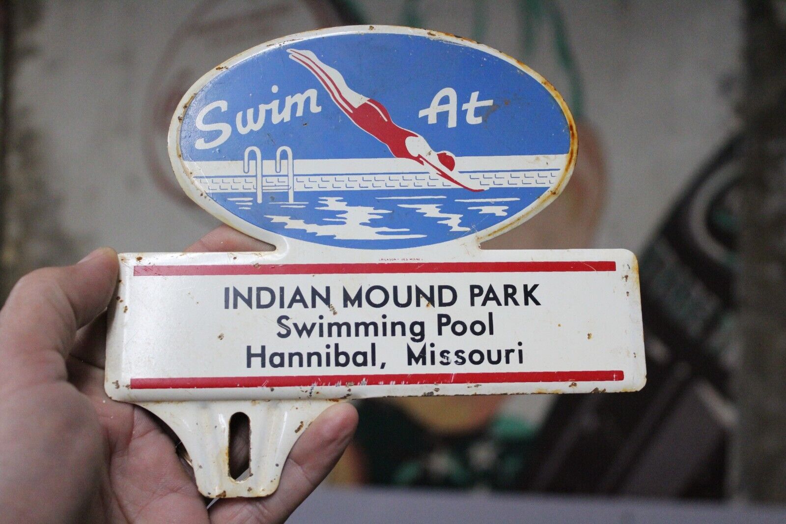 1950s SWIM INDIAN MOUND PARK HANNIBAL MISSOURI STAMPED PAINTED METAL TOPPER SIGN