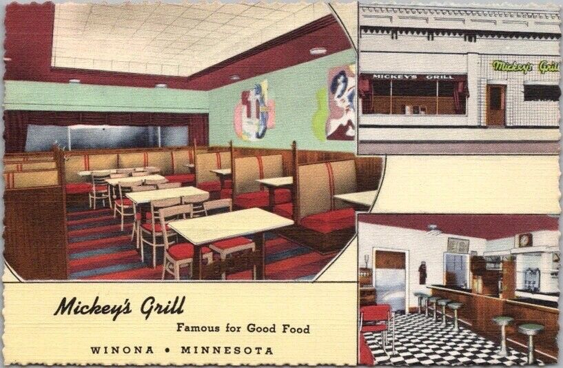 c1940s WINONA, Minnesota Postcard MICKEY'S GRILL Restaurant / Curteich Linen