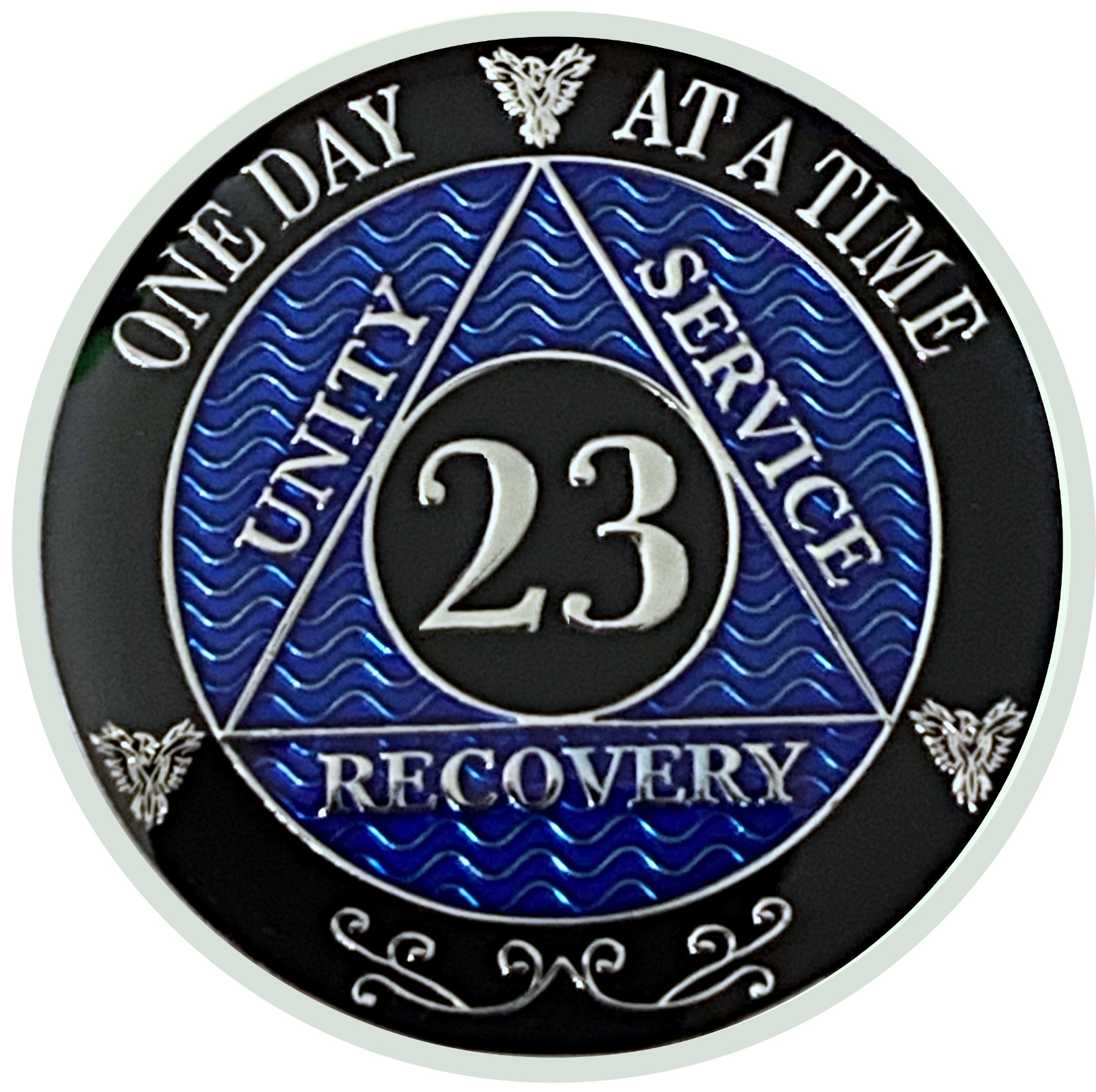 AA 23 Year Coin Blue, Silver Color Plated Medallion, Alcoholics Anonymous Coin