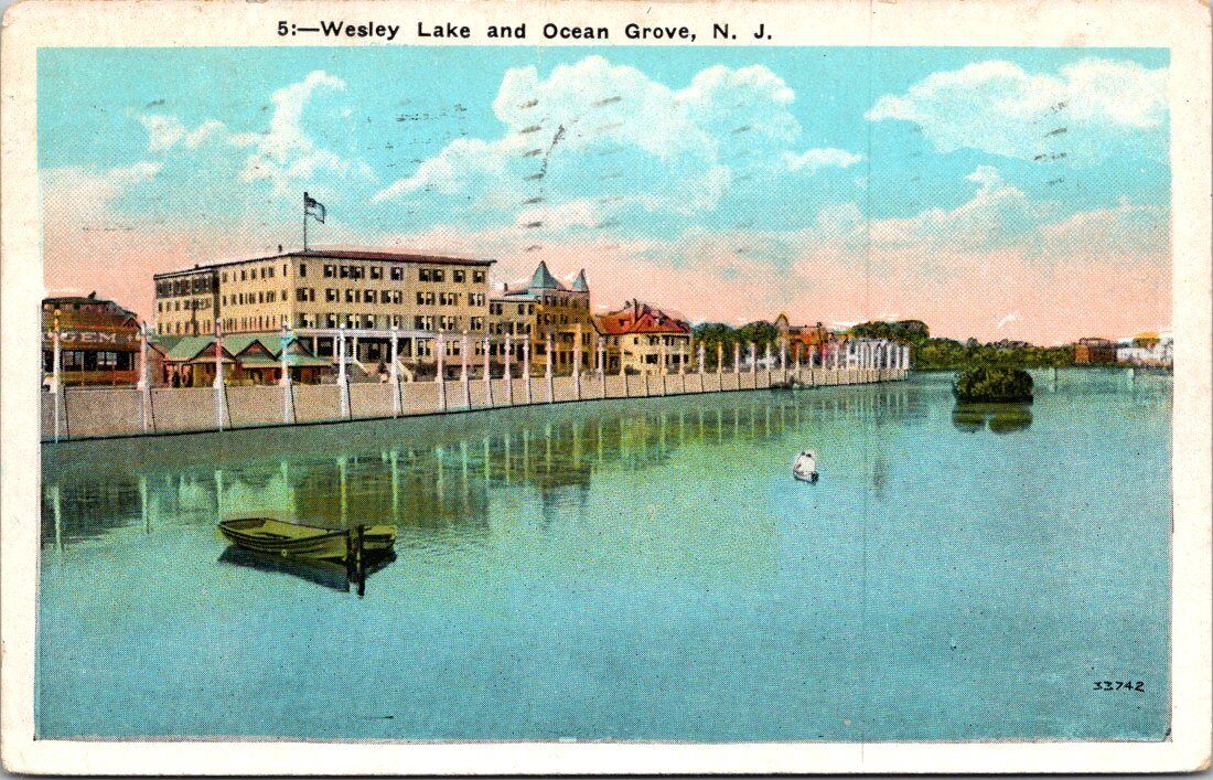  Ocean Grove New Jersey NJ Wesley Lake Hotel Pierre c1920 Boats Vintage Postcard