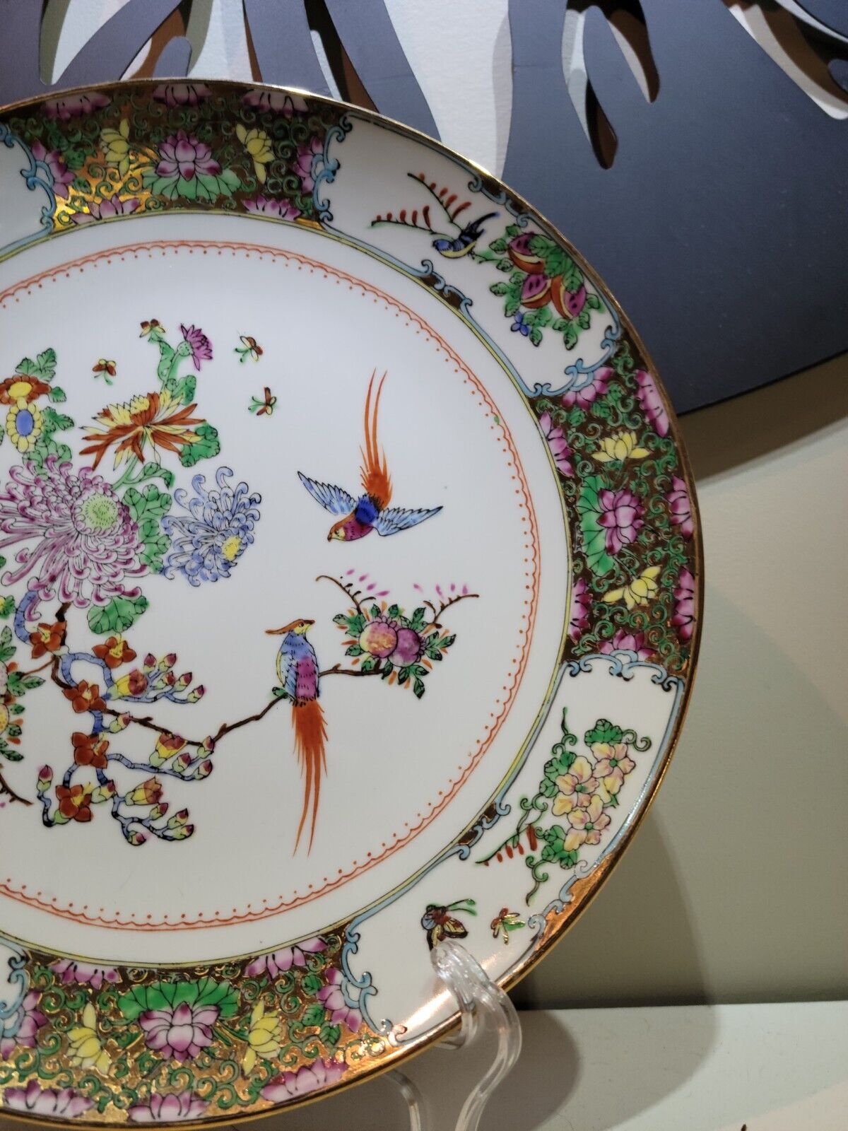 Bird Floral plate bird Oriental Vintage hand painted Asian Plate gold gilded