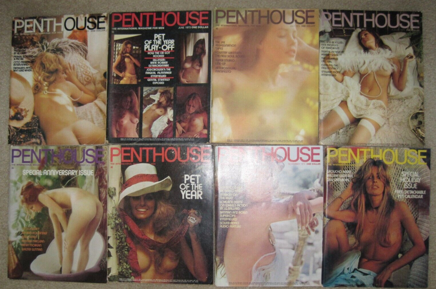 Lot of 8 Vintage 1973 Penthouse Magazines.  Jan, + June to Dec.