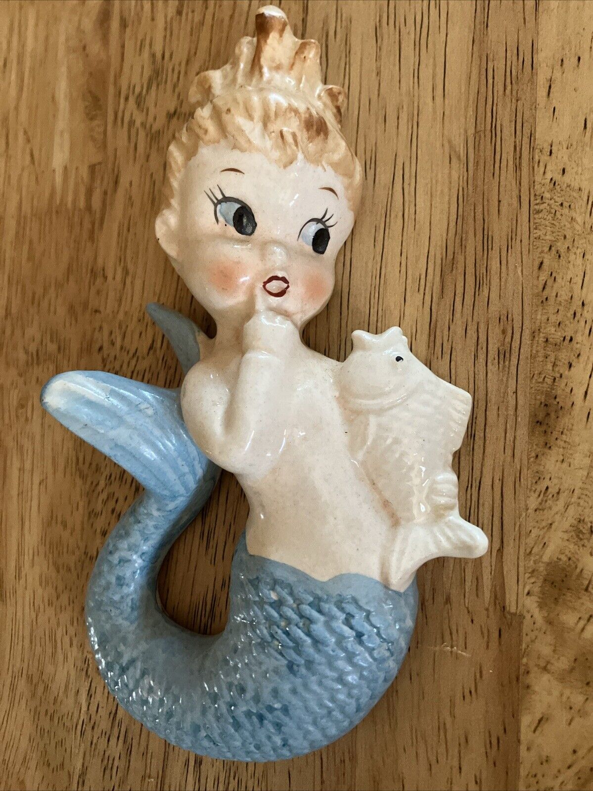 Vintage Blue Mermaid Holding Fish Anthropomorphic-Wall Plaque-Norcrest-Bradley