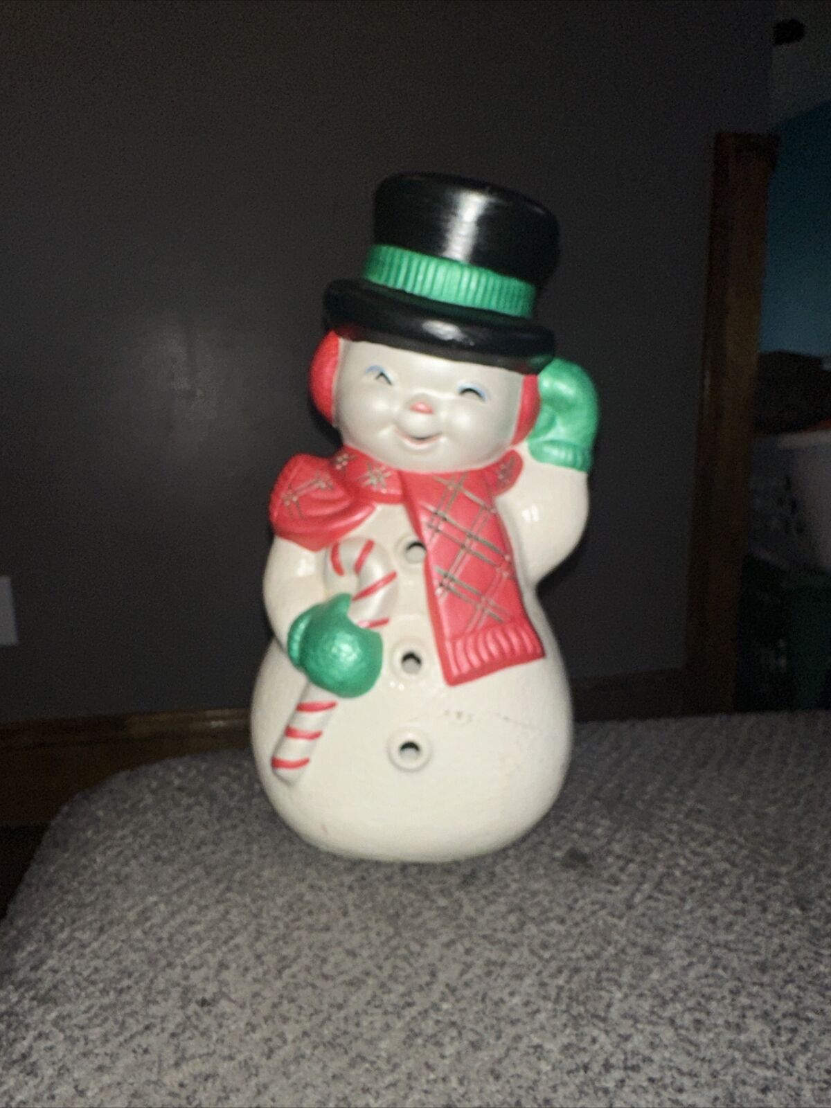 Vintage Ceramic Snowman Frosty Mold 13” Top Hat Candy Cane Scarf Hand Painted