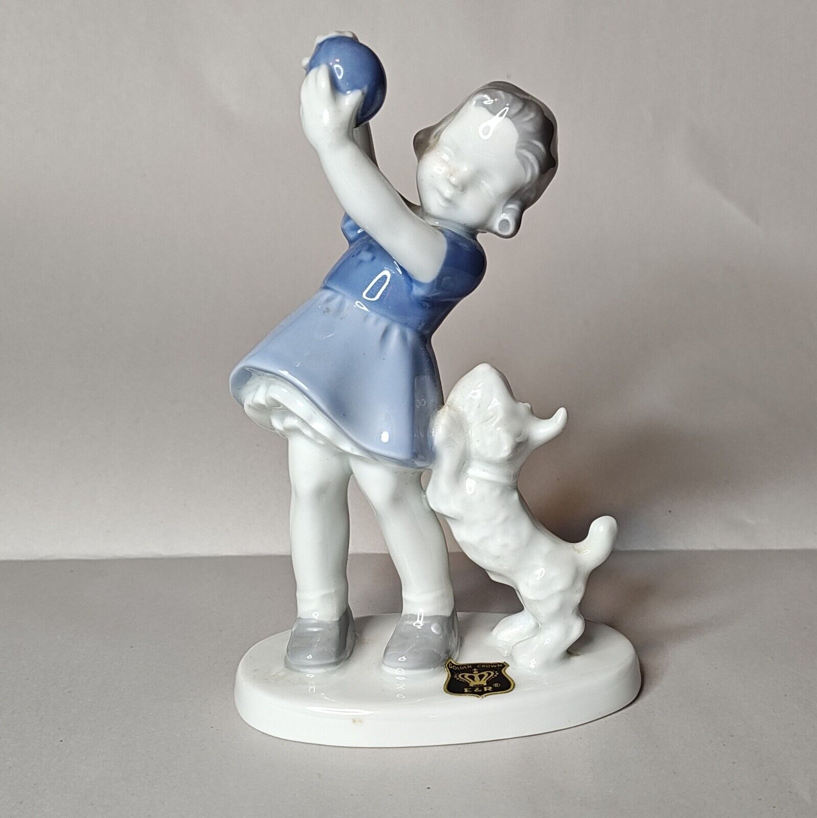 VTG GERALD BAVARIA Germany White Blue Porcelain GIRL w DOG BALL  Figurine