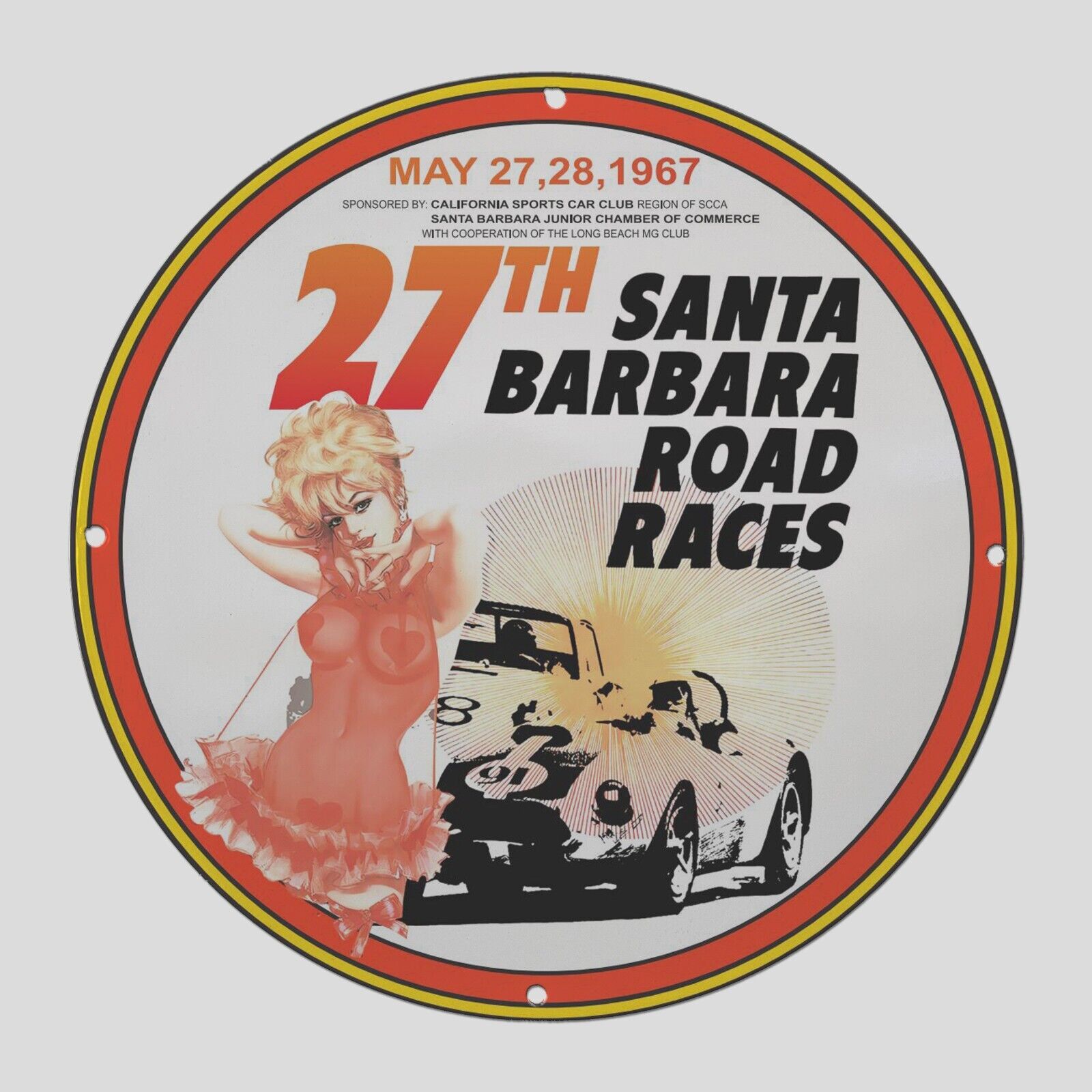 VINTAGE 27TH SANTA BARBARA ROAD RACES 1967 1960 OIL PORCELAIN  GAS PUMP  SIGN