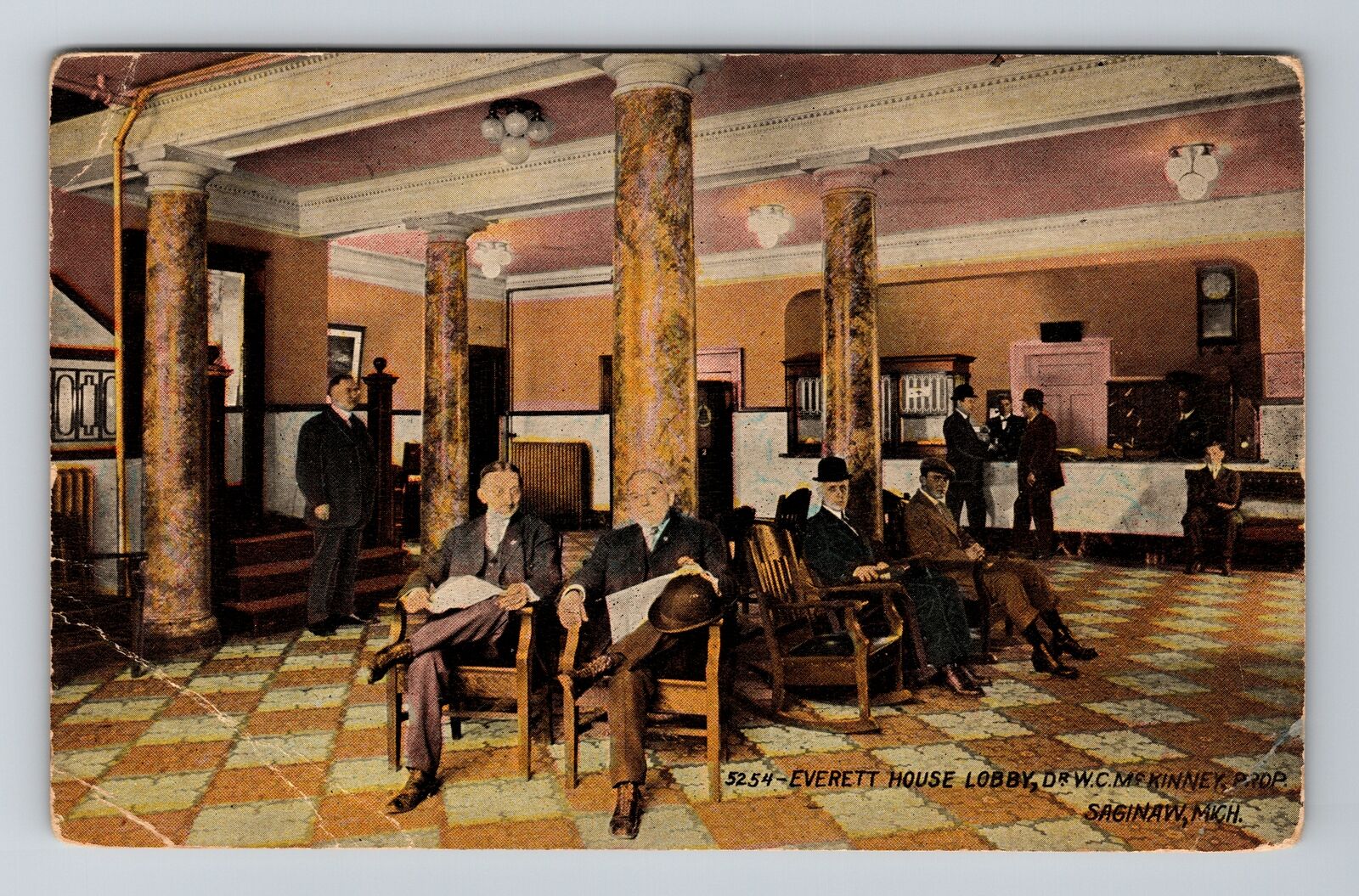 Saginaw MI-Michigan, Everett House Lobby Interior, Front Desk Vintage Postcard