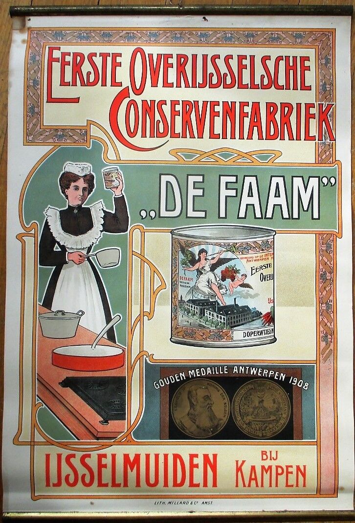Can/Canning Factory 1910 Advertising Poster: De Faam w/Maid - Color Litho, 12x17