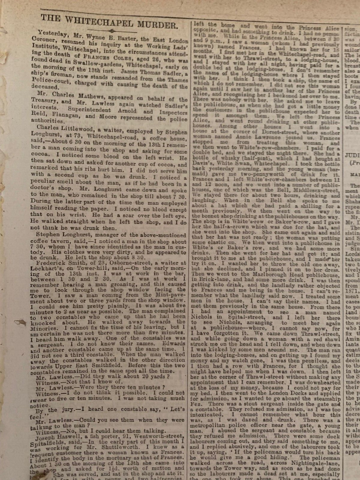 Jack the Ripper . Original London Times . Francis Coles Death . February 24 1891