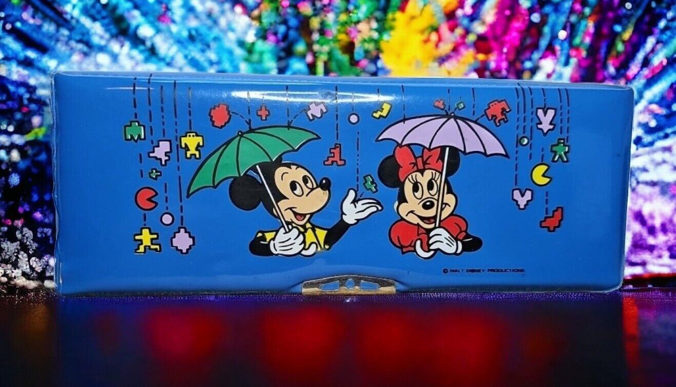 Vintage 80s Walt Disney Productions Mickey Minnie Mouse Puffy Blue Pencil Case