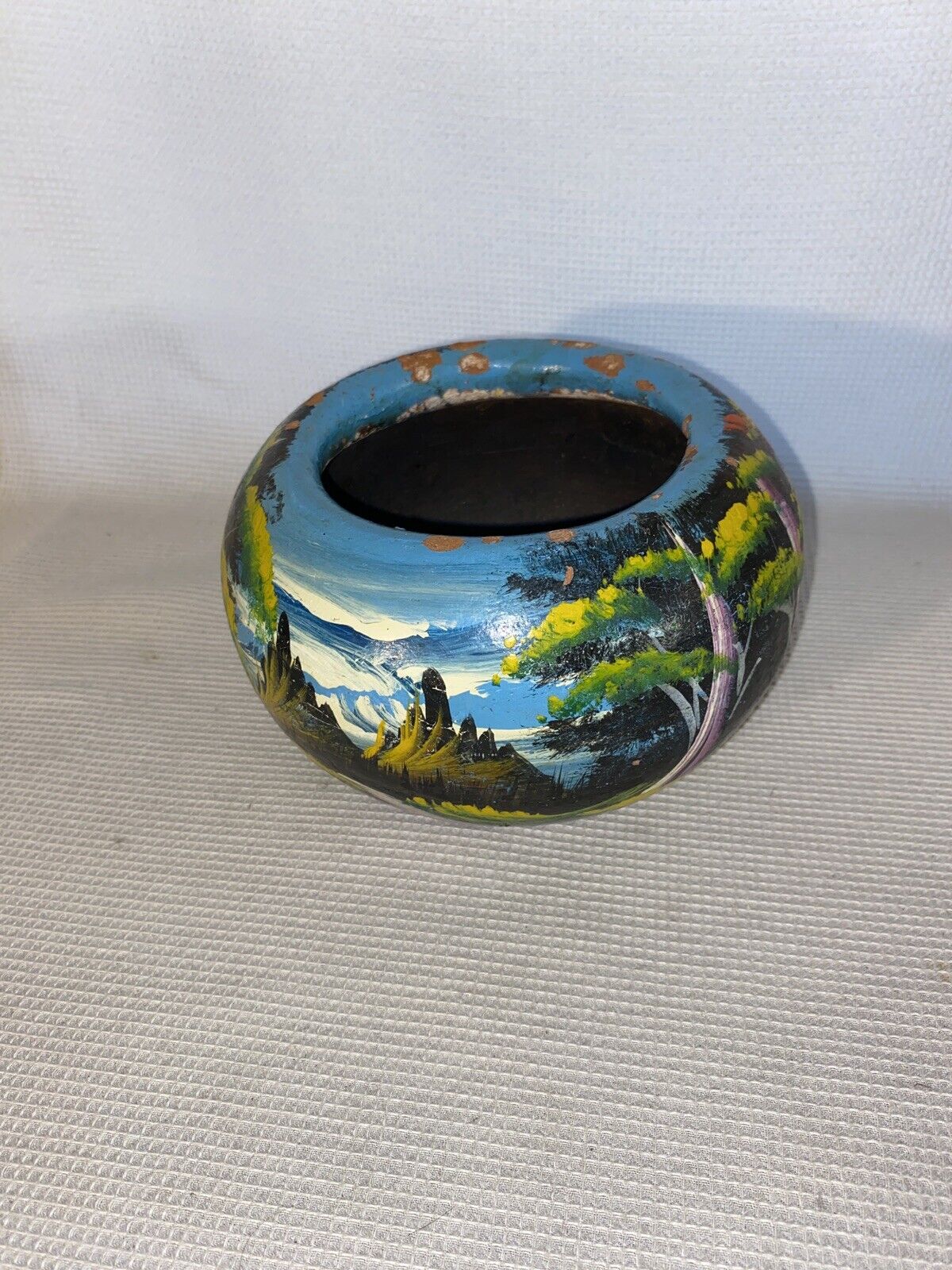 1970 Mexican Folk Art Pottery Planter Hand Painted Forest Scene