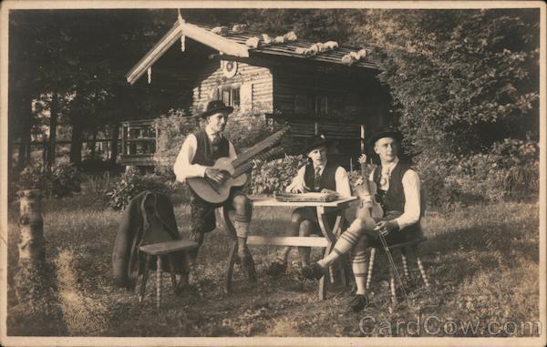 Music RPPC Three performers seated outside at table Real Photo Post Card Vintage