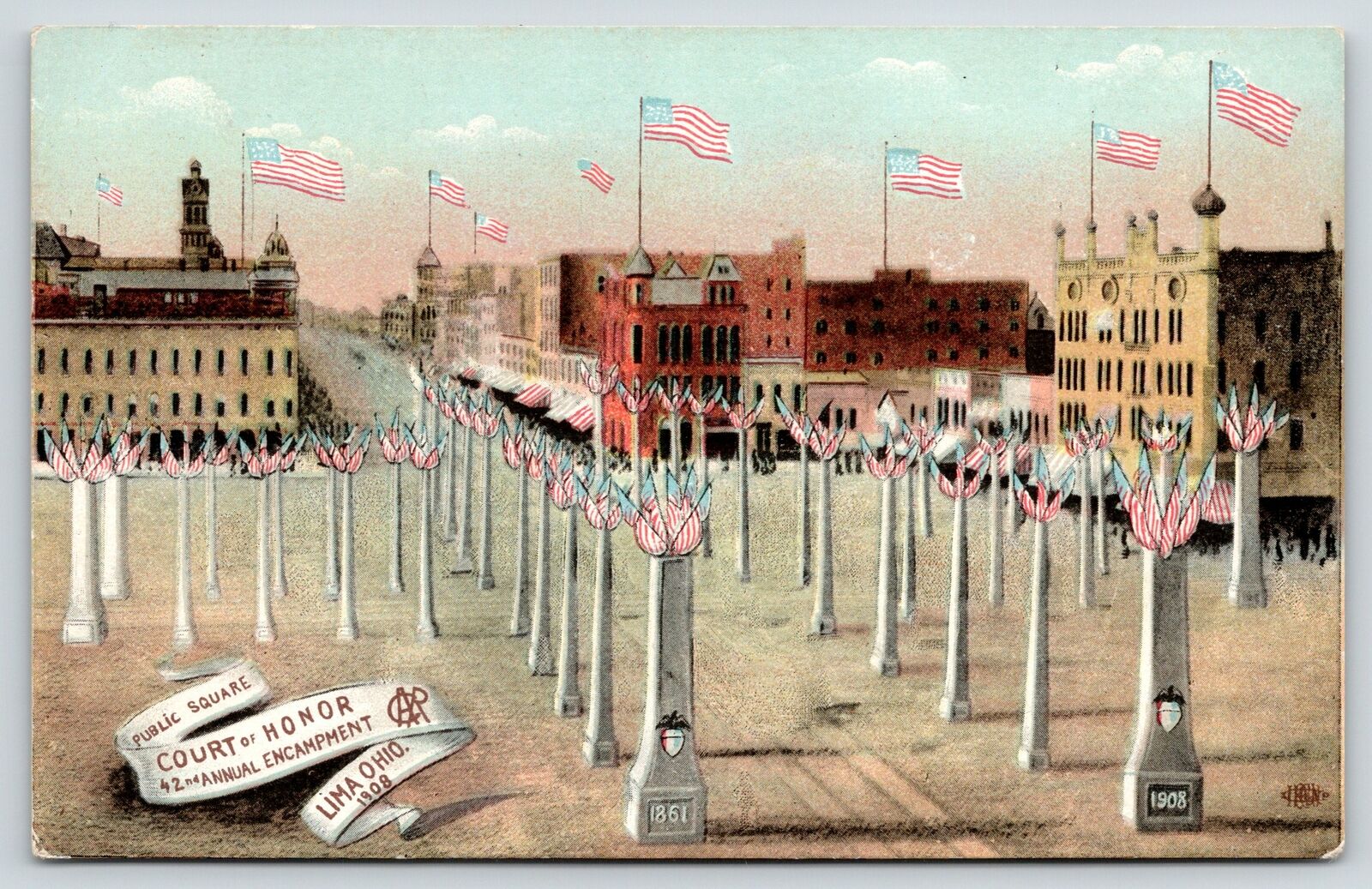 Lima Ohio~Patriotic Public Square~Court Of Honor~42nd Annual GAR Encampment~1908