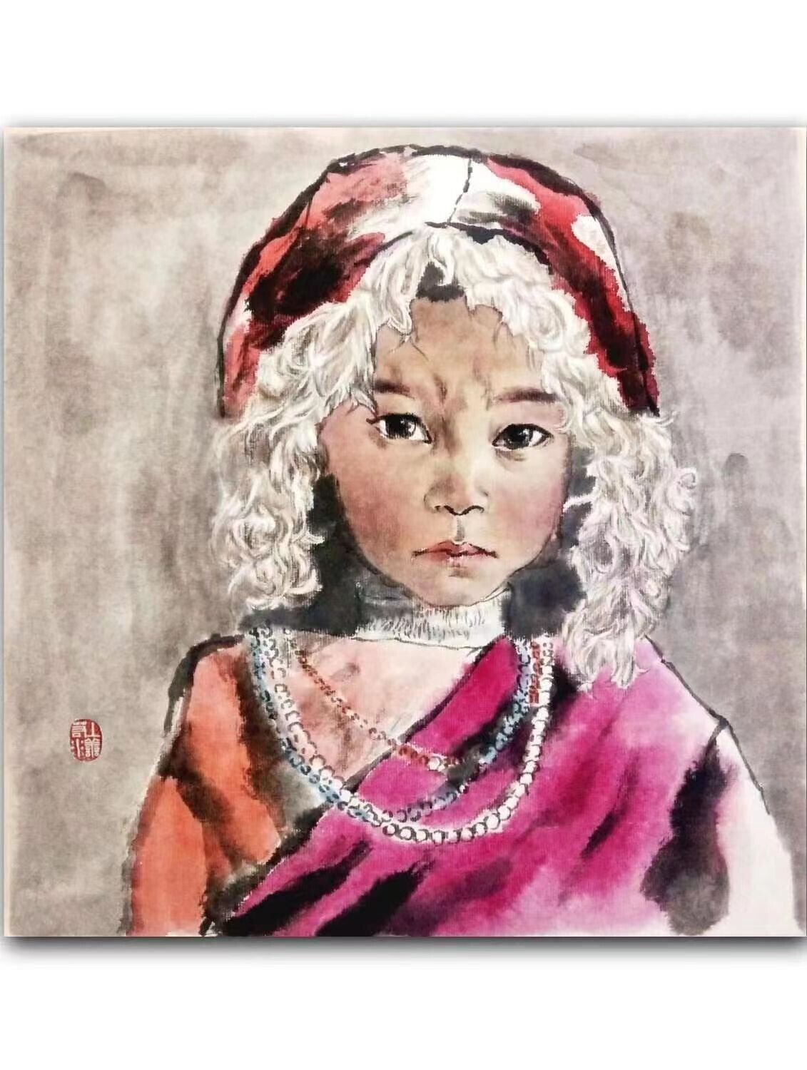 handmade chinese painting on paper :tibetan girl