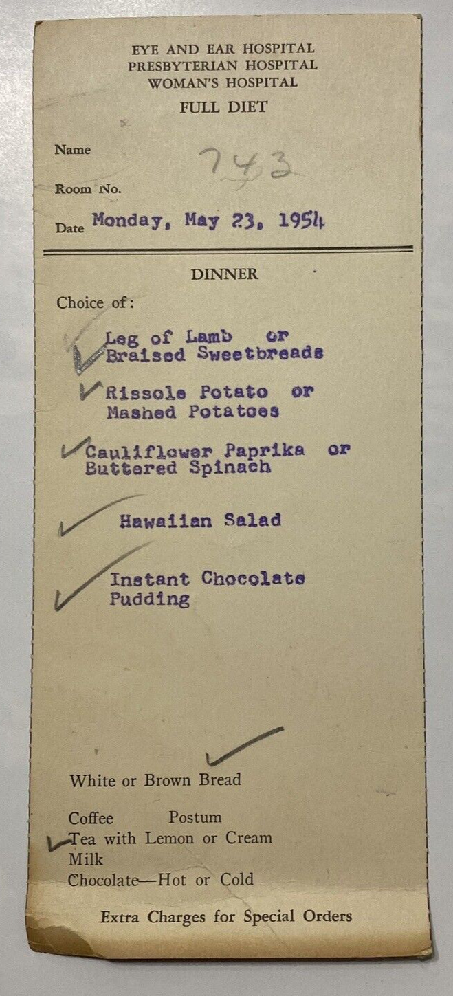 Presbyterian Hospital 1954 Patient Dinner Menu selection Card