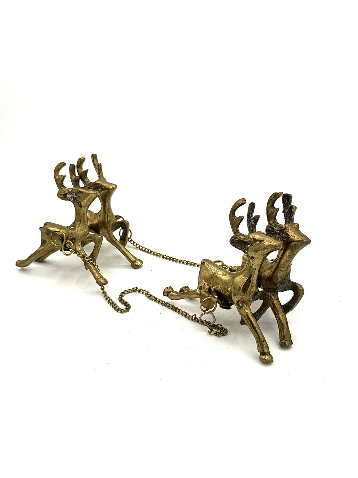 vintage brass 4 reindeer chained pulling sleigh parts holiday Christmas