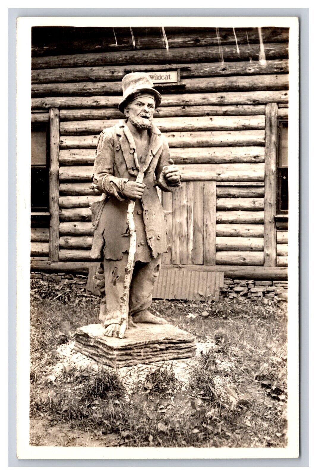 RPPC Statue At Hovey’s Bear Trap Log Cabins, Manistique Michigan MI Postcard App