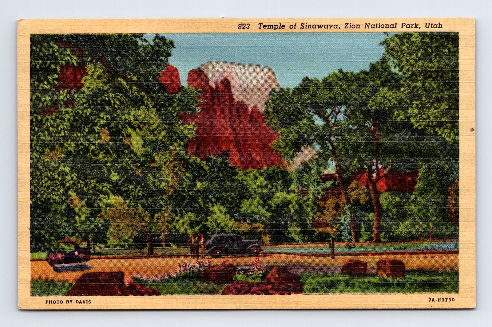 c1937 Linen Postcard Zion National Park UT Utah Temple of Sinawava Cars
