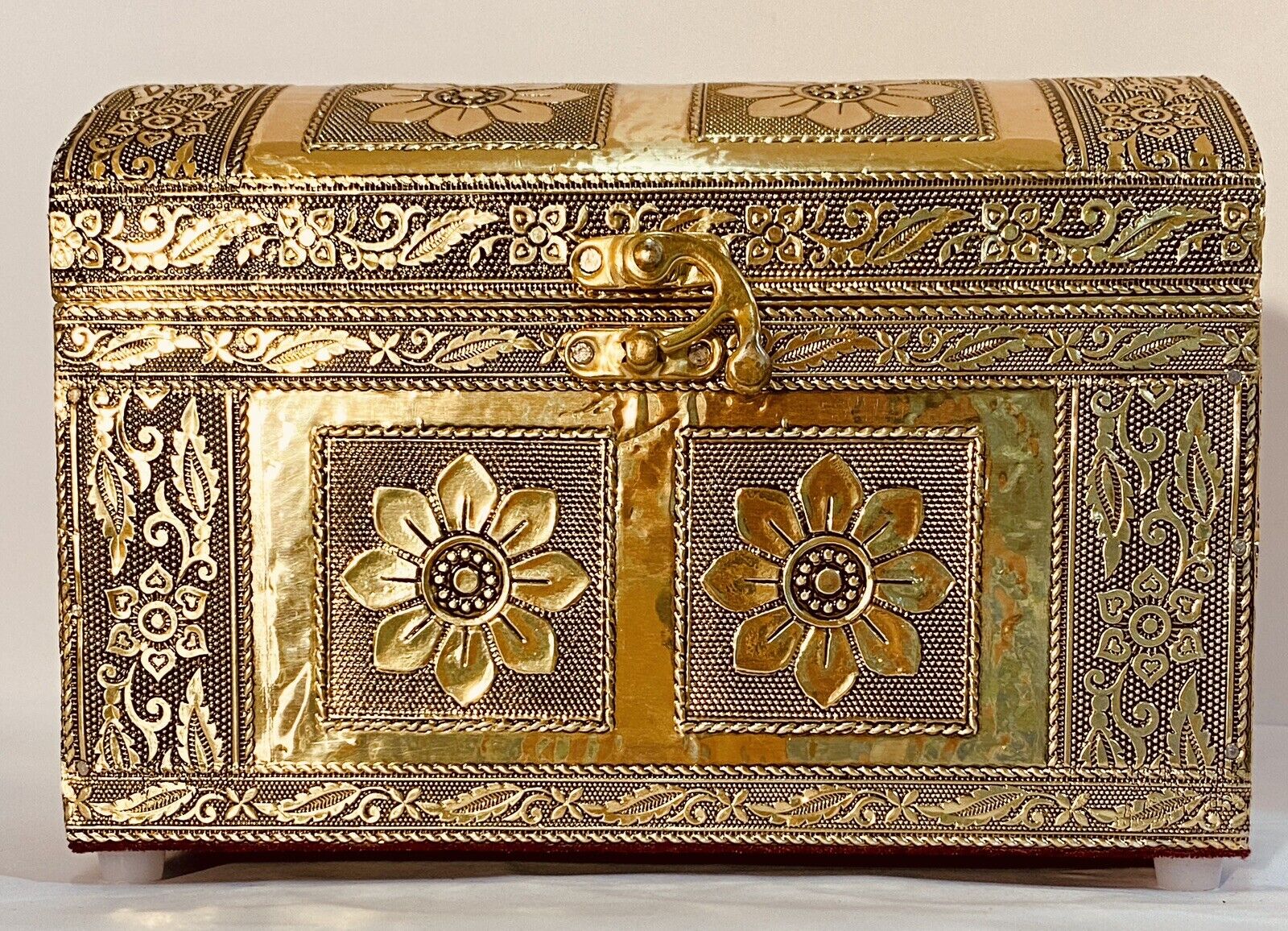 Domed Gold Color Metal Embossed Jewelry Box Chest Hinged Latching Wrapped Wood