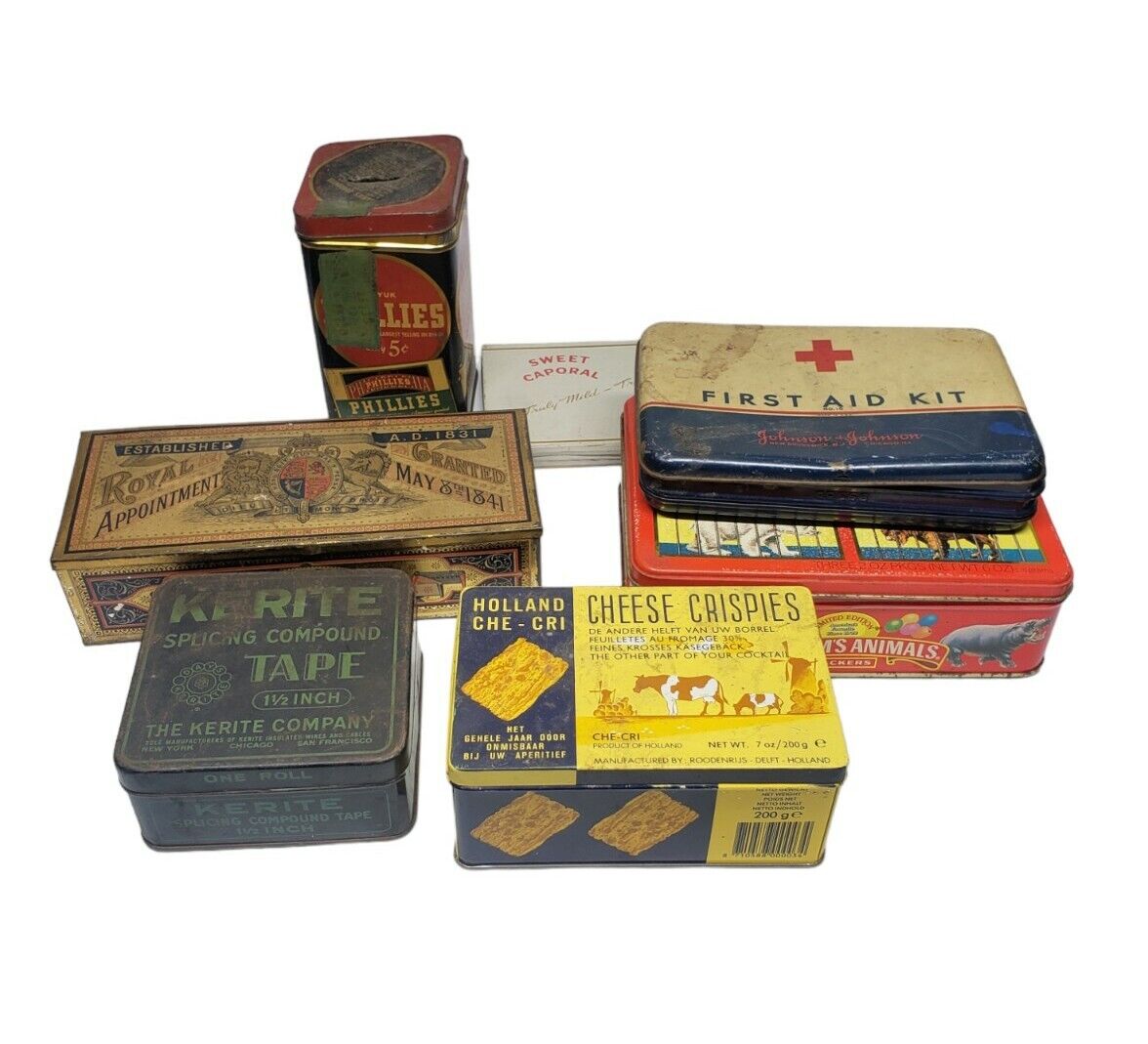 Lot of Six Vintage Antique Tins Metal Containers Tobacco Cookies,  Memorabilia