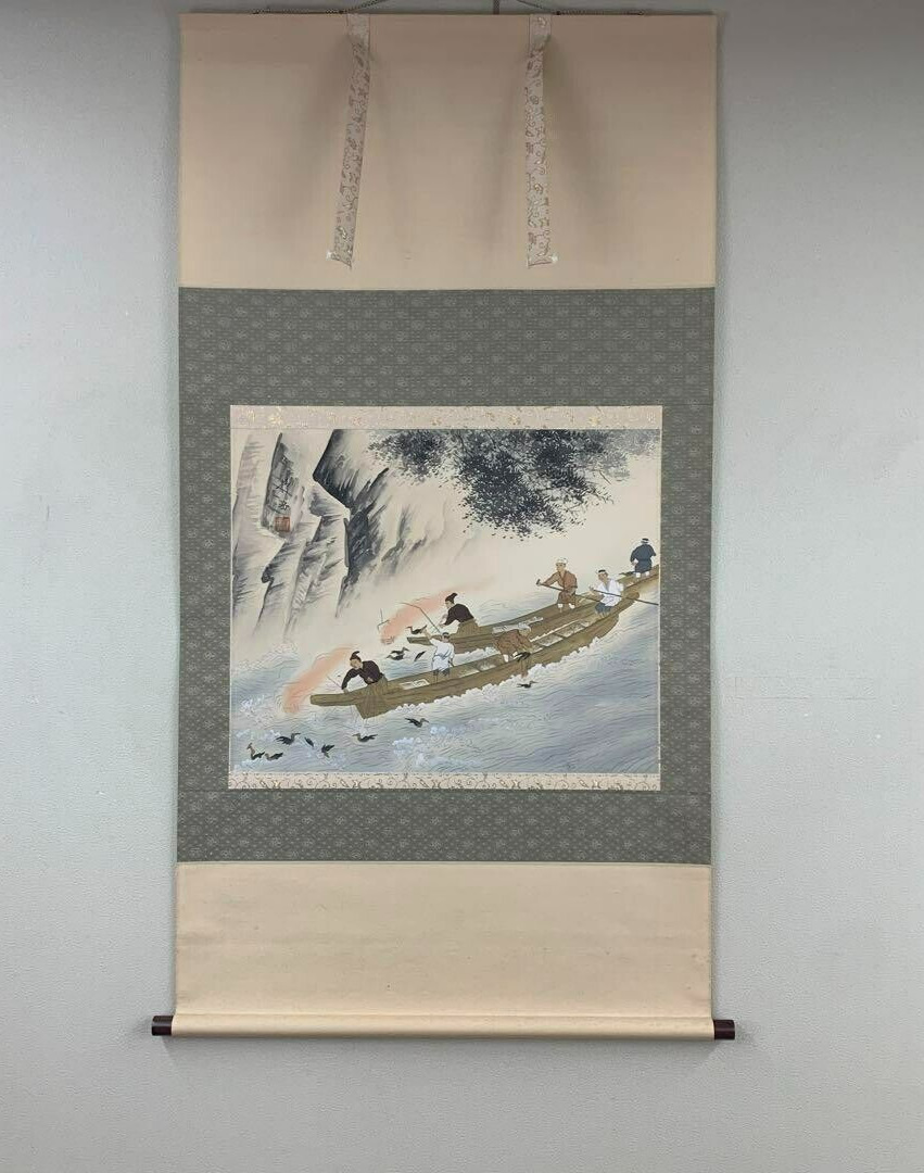 Vintage Japanese Hanging Scroll Kakejiku Art Painting Cormorant Fishing