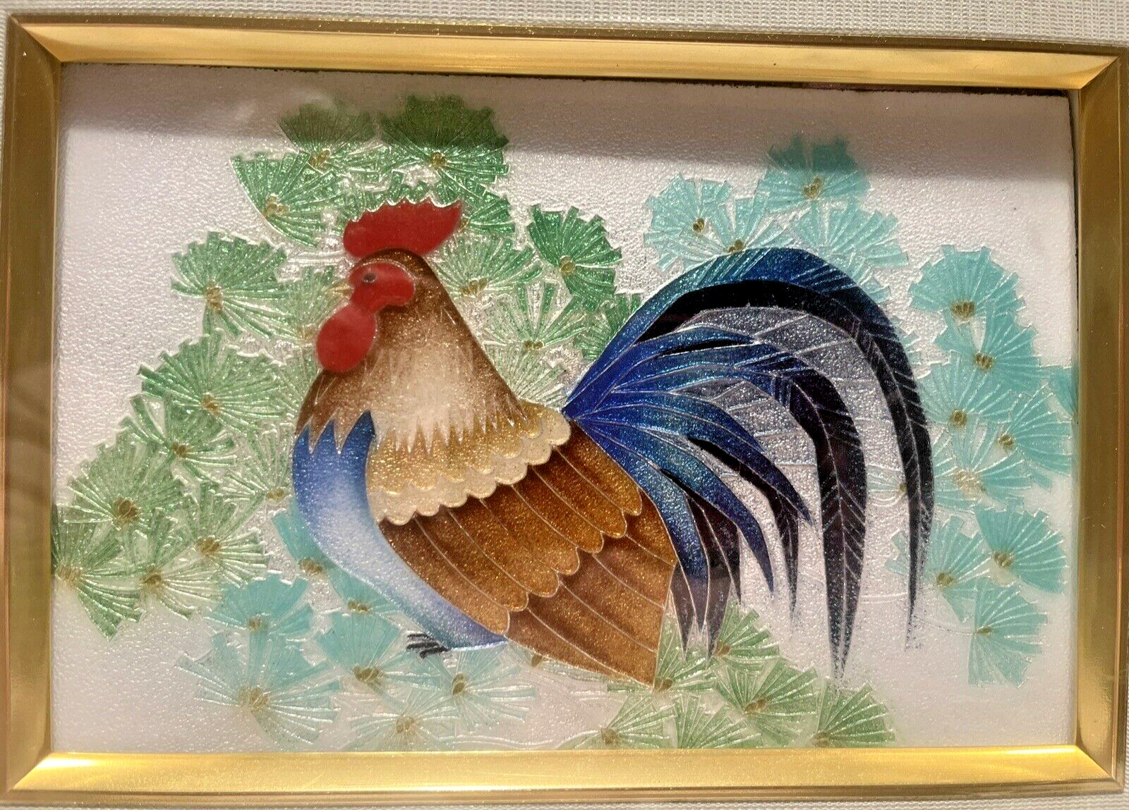STUNNING VINTAGE 20TH CENTURY ASIAN FRAMED CLOISONNE ROOSTER ON PLAQUE