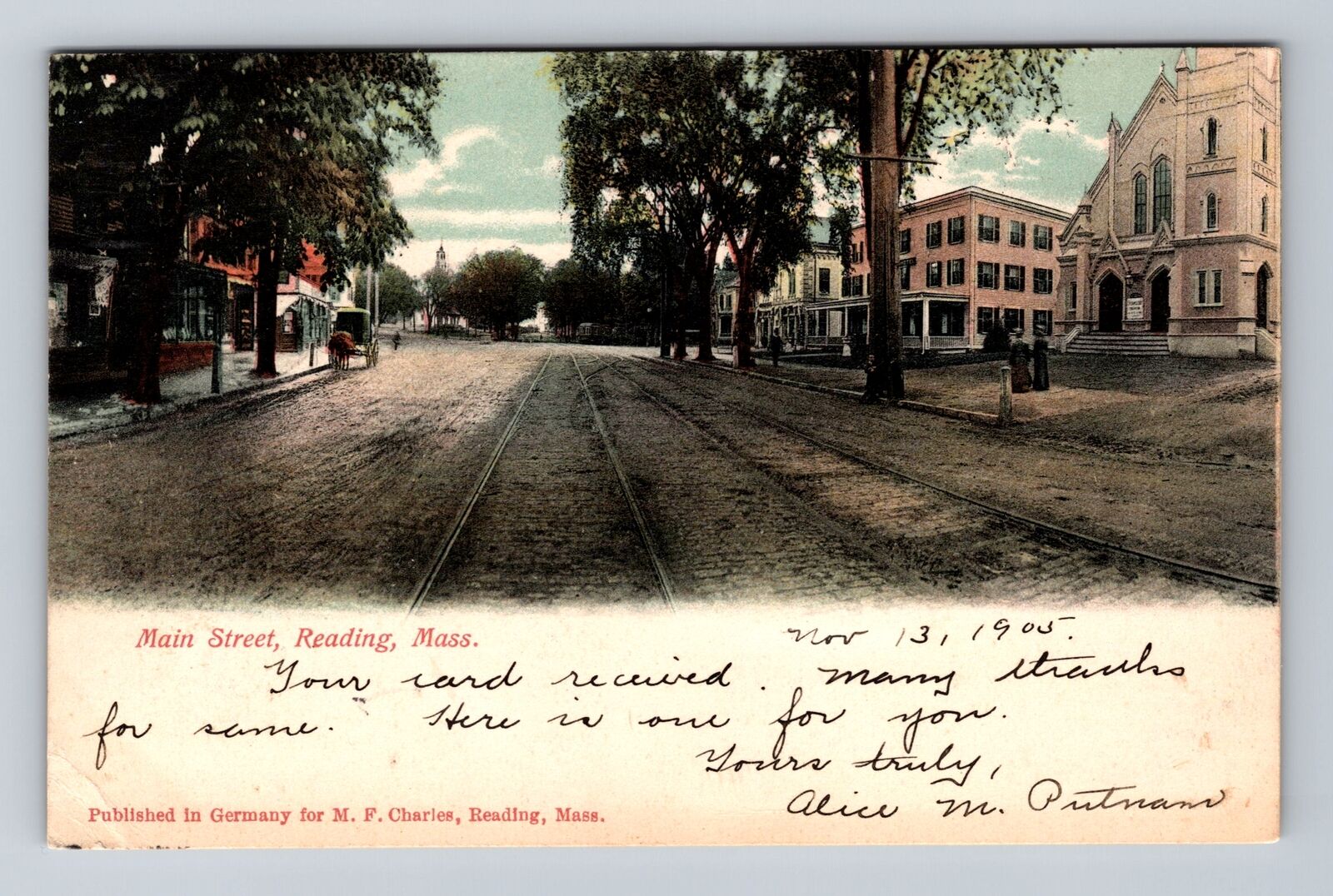 Reading MA-Massachusetts, Scenic View Of Main Street, Vintage c1905 Postcard