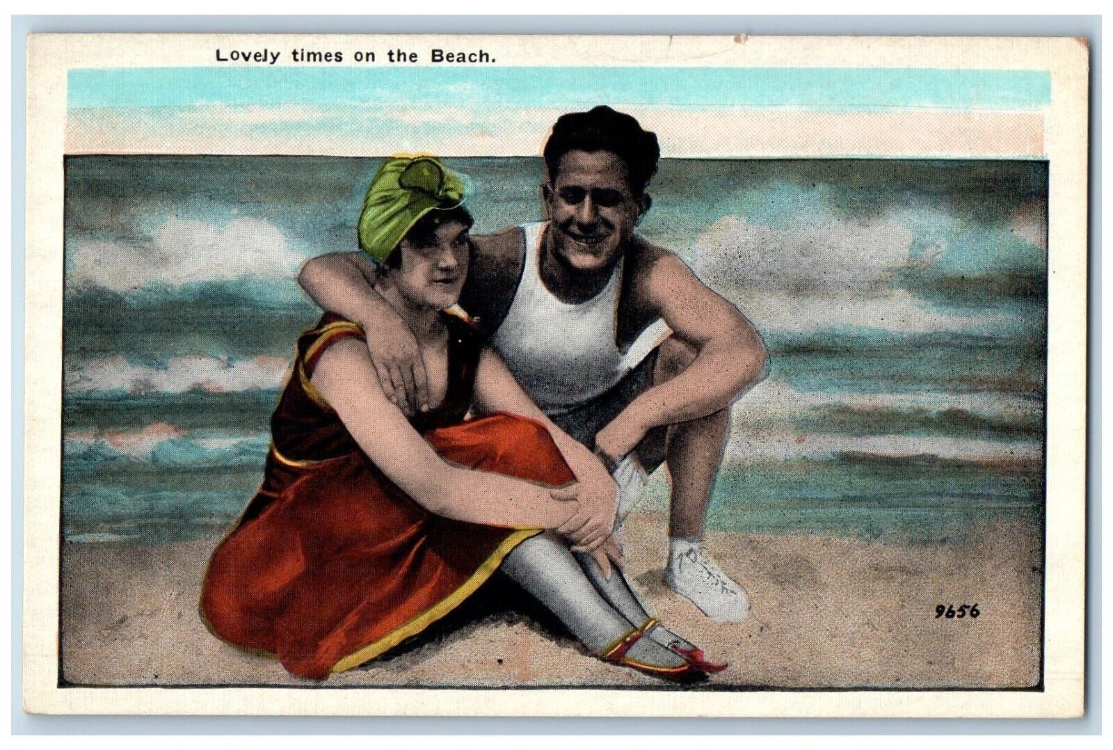 Couple Romance Postcard Lovely Times On The Beach c1930's Unposted Vintage