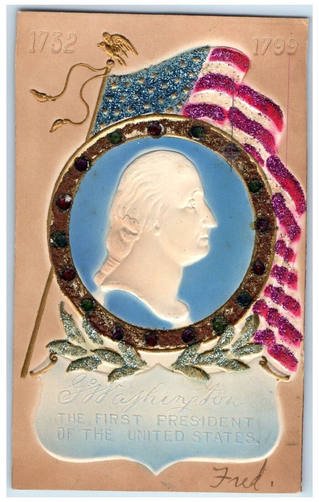 c1910's George Washington First President Airbrushed Glitter Antique Postcard