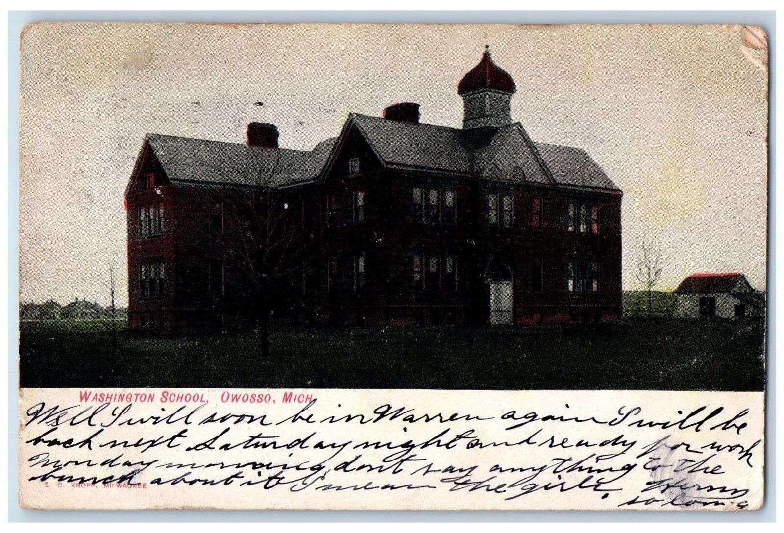 1907 Washington School Exterior View Roadside Owosso Michigan MI Posted Postcard