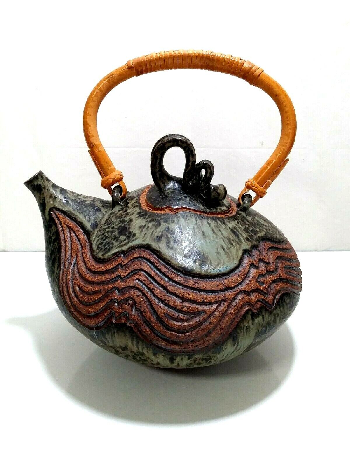Kris Pixton Studio Art Pottery NY Blue Carved Stoneware TeaPot