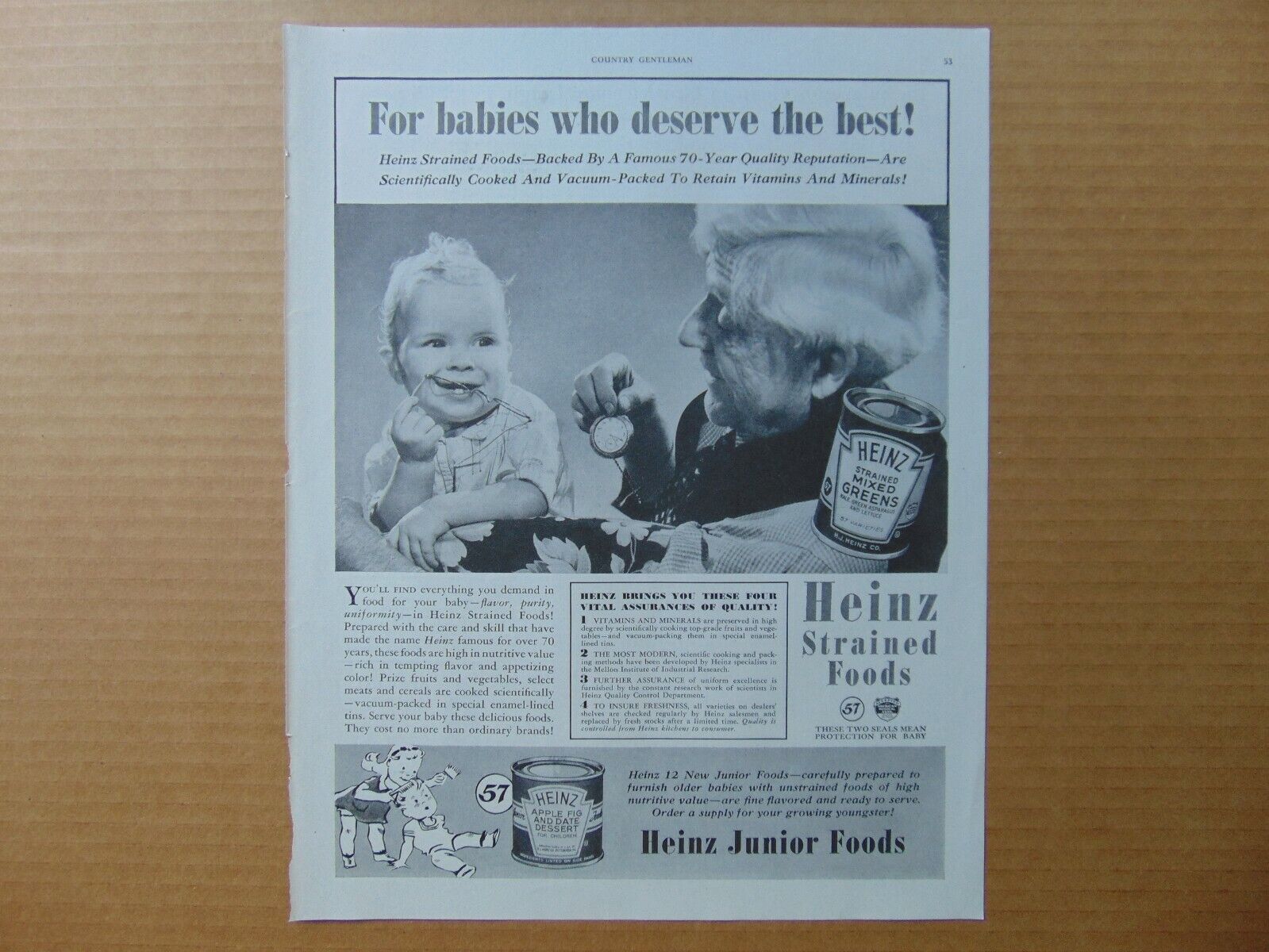 1940 HEINZ JUNIOR BABY FOODS In a can vintage art print ad