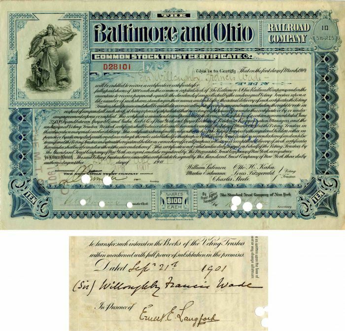 Baltimore and Ohio Railroad Co. Issued to and Signed by Sir Willoughby Francis W