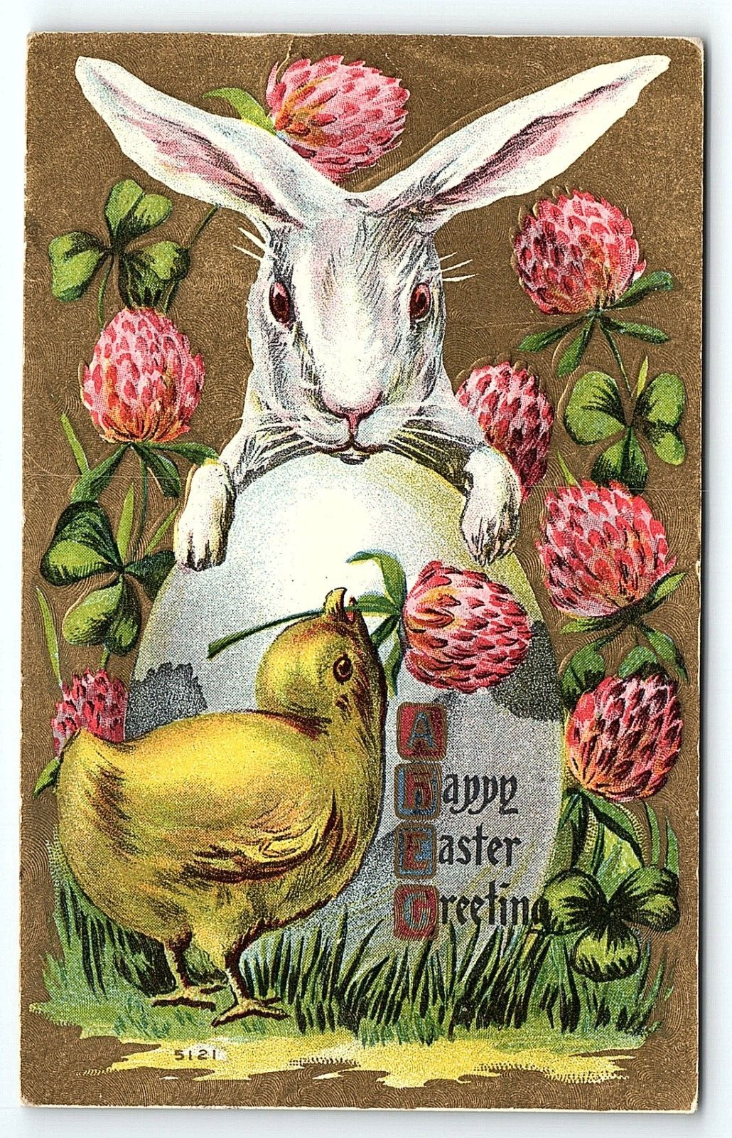 c1910 HAPPY EASTER BUNNY RABBIT BABY CHICK EGG FLOWERS EMBOSSED POSTCARD P2492